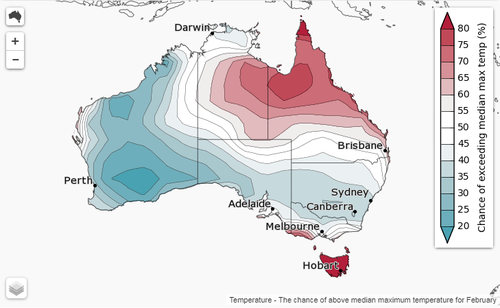 The February monthly outlook for temperatures across Australia. (Bureau of Meteorology)