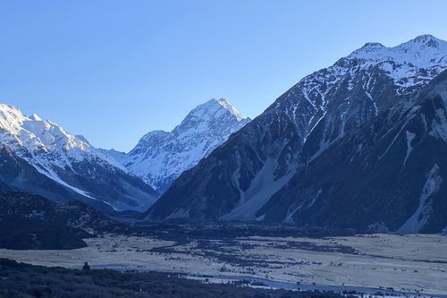 New Zealand's highest peak, Aoraki, centre, is seen in Aoraki/Mt Cook National Park on August 17, 2020. 