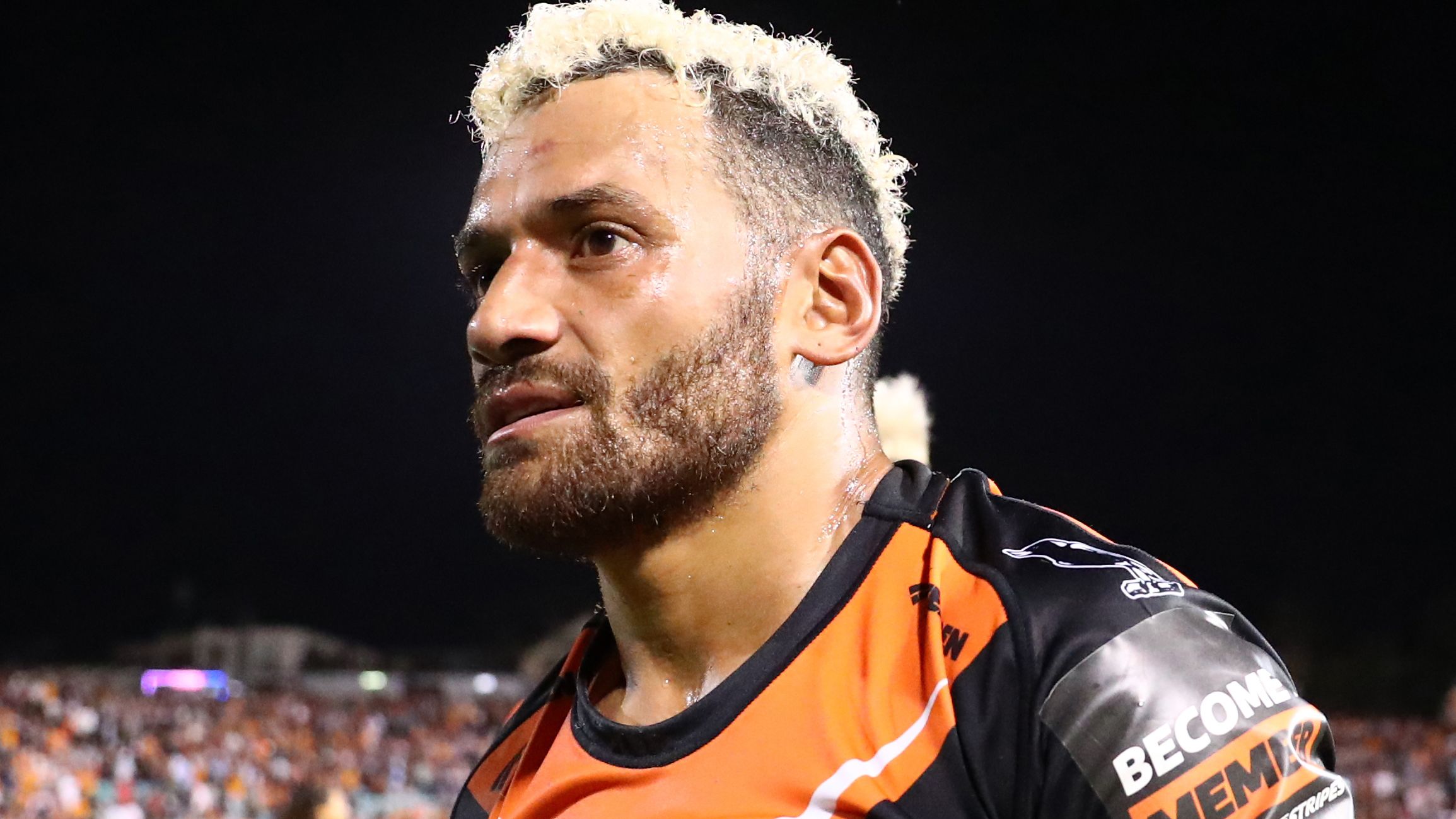 Apisai Koroisau of the Tigers celebrates after winning the round three NRL match between Wests Tigers and Cronulla Sharks at Leichhardt Oval, on March 23, 2024, in Sydney, Australia. (Photo by Jeremy Ng/Getty Images)