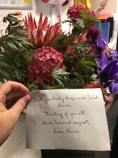 Liam Neeson sends staff at The Royal Melbourne Hospital flowers for their tireless work amid the pandemic.