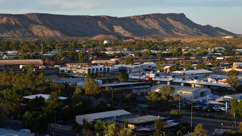 The skyline of Alice Springs, with Harvey Norman in the centre.