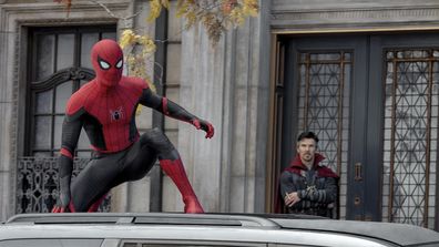 Doctor Strange looks on at Spider-Man in SPIDER-MAN: NO WAY HOME