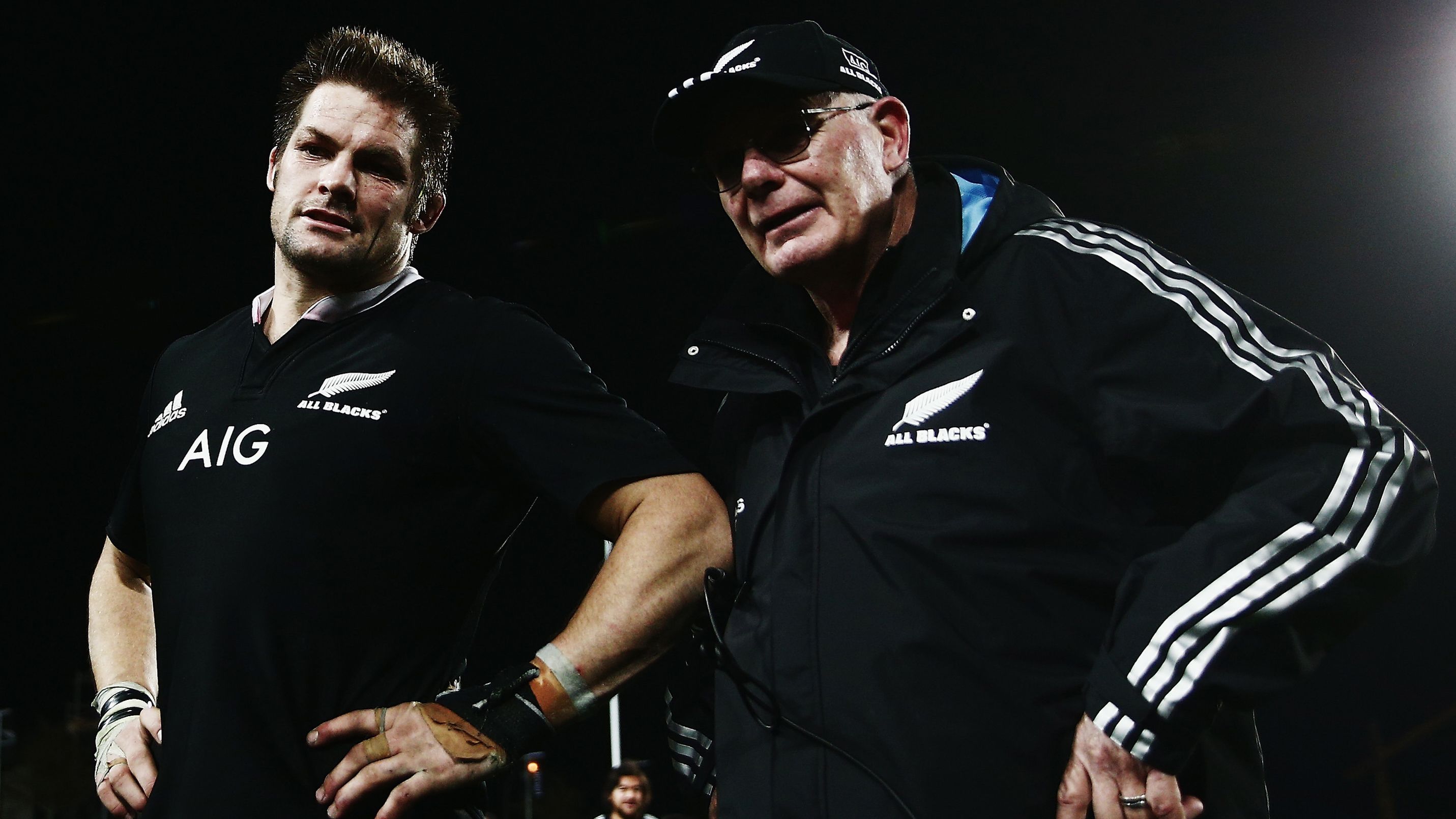 Richie McCaw and Mike Cron of the All Blacks in 2014.