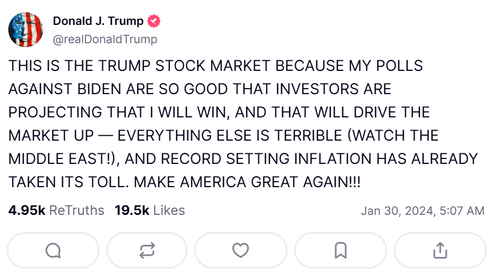 A post on Truth Social by Donald Trump, dated January 30, 2024. He writes about taking credit for a booming economy off the back of his own poll numbers while Joe Biden was still president.