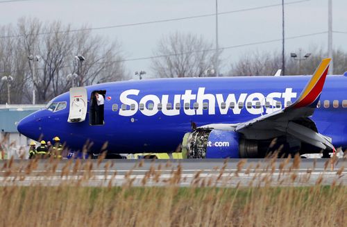 Flight 1380 after making the emergency landing. Picture: AP