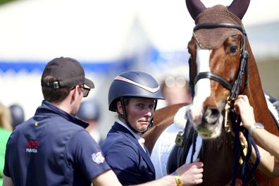  Zara Tindall stands next to Class Affair, during the dressage, on day two of the Badminton Horse Trials 2024 at the Badminton Estate in Badminton, England, Thursday, May 9, 2024.