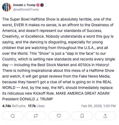 Trump ha condiviso la sua reazione all'Halftime Show del Super Bowl su Truth Social.