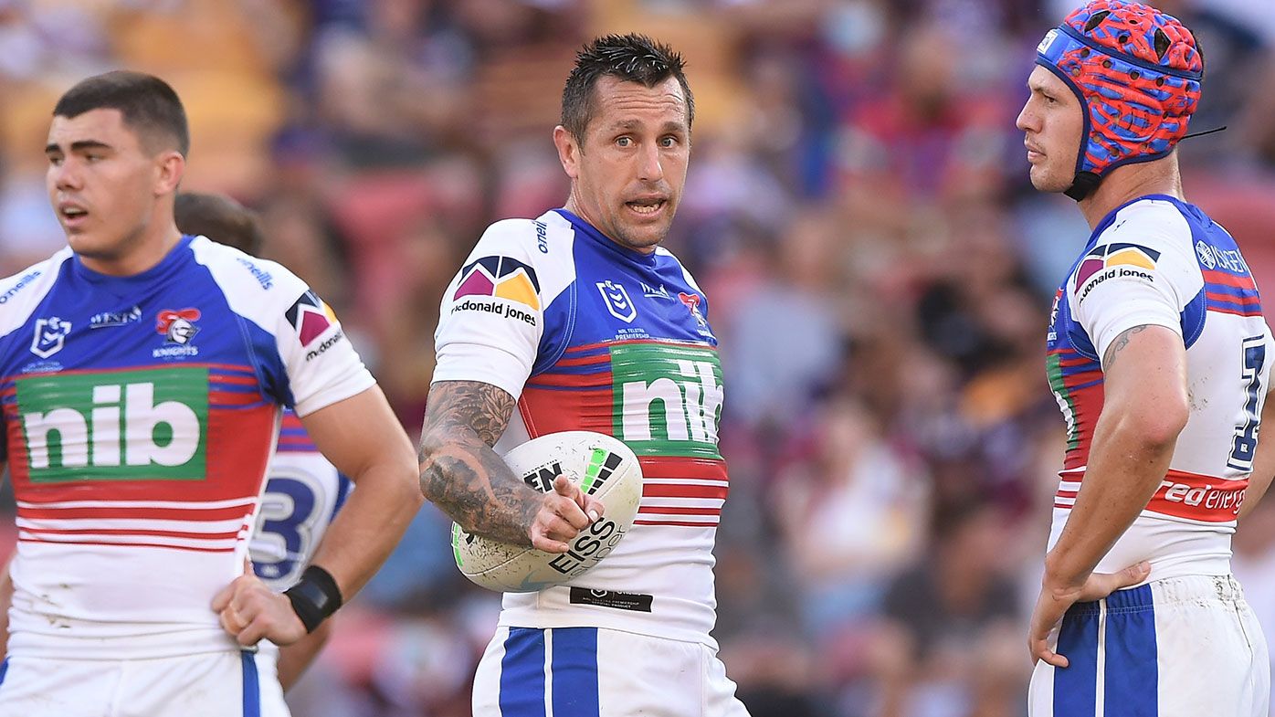 Mitchell Pearce of the Knights looks on during the round 25 NRL match between the Brisbane Broncos and the Newcastle Knights at Suncorp Stadium, on September 04, 2021, in Brisbane, Australia. (Photo by Matt Roberts/Getty Images)