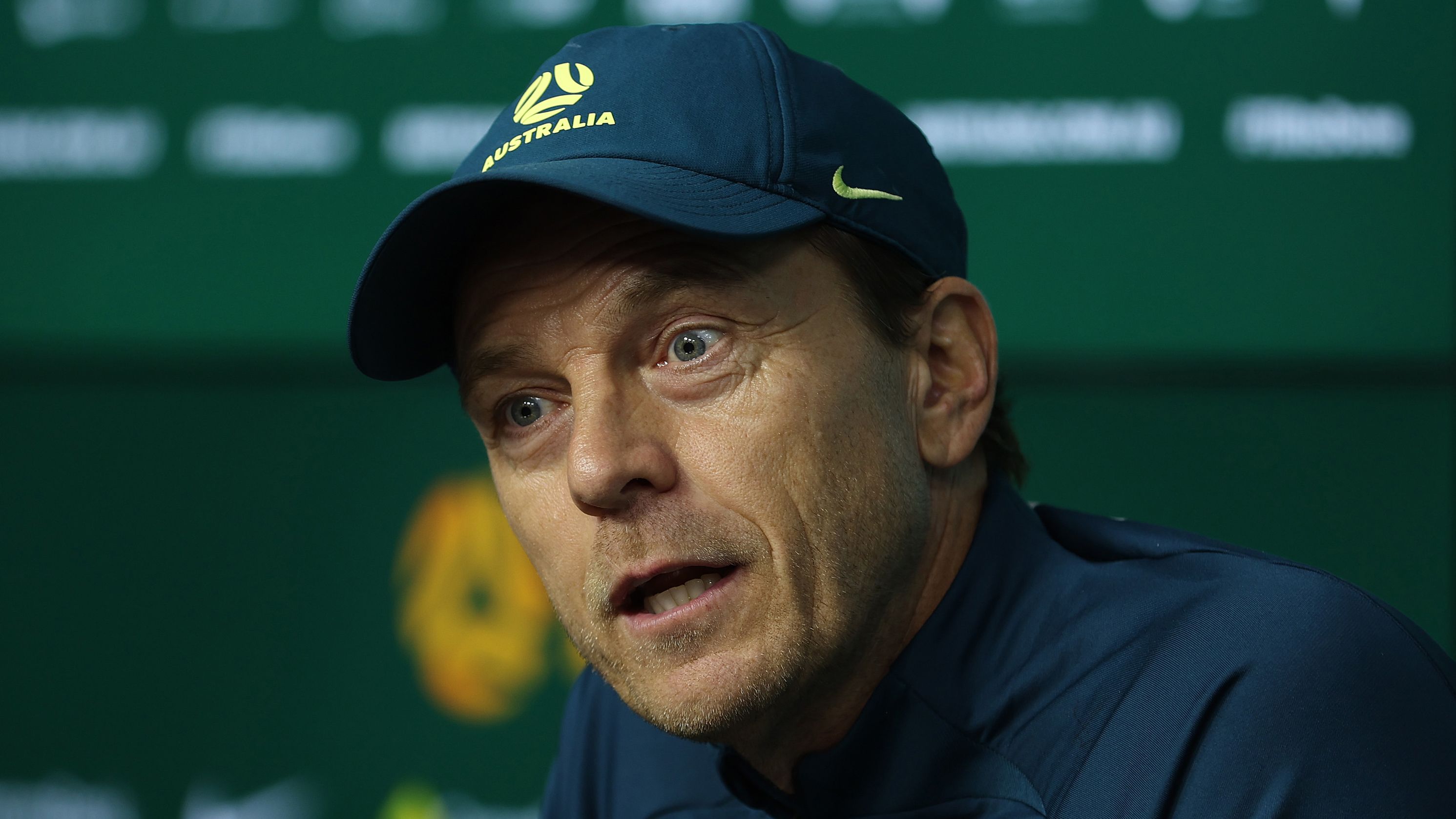 MELBOURNE, AUSTRALIA - JULY 13: Matildas head coach Tony Gustavsson speaks to the media during an Australia press conference at Marvel Stadium on July 13, 2023 in Melbourne, Australia. (Photo by Robert Cianflone/Getty Images)