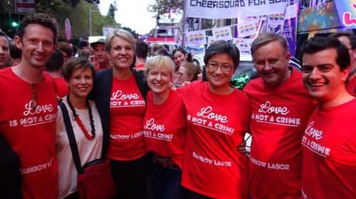 Members of the Australian Labor Party's Rainbow Labor, including federal MPs Tanya Plibersek, Penny Wong and Anthony Albanese (Twitter: @AlboMP)