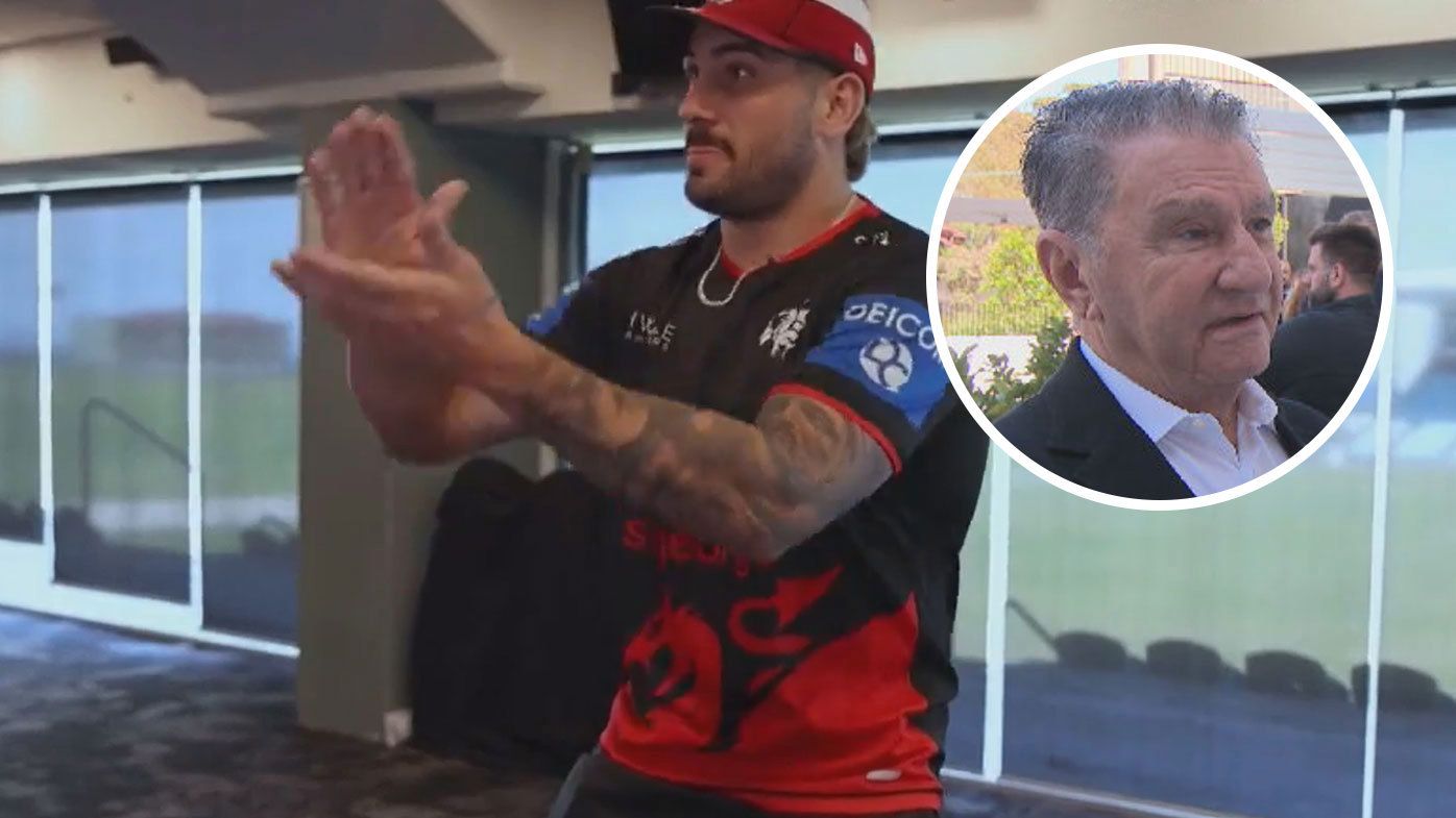 Dragons star Jack Bird imitates a brown paper bag. INSET: Sydney Roosters boss Nick Politis
