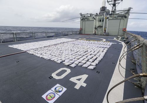 A tonne of heroin laid out on the deck of the HMAS Darwin after a drug bust in June 2016 around the Horn of Africa. Picture: AAP
