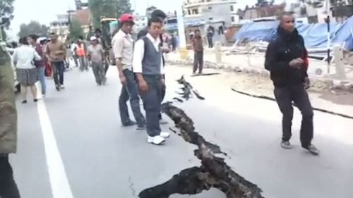 A crack along the Koteshwor-Suryabinayak Highway caused by the earthquake in the Bhaktapur area near Kathmandu.