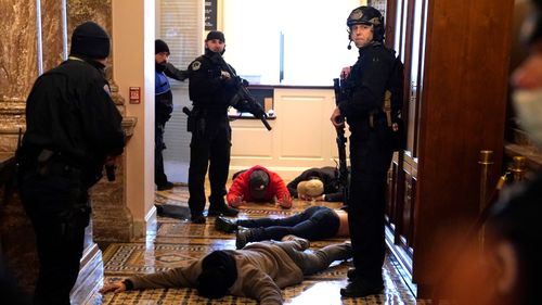 US Capitol Police detain protesters outside of the House Chamber, during a riot which shocked the world. 