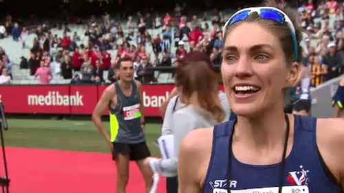 Virginia Maloney said she was "over the moon" with winning the women's category of the Melbourne Marathon. (9NEWS)