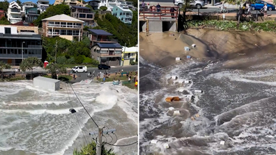 The shipping container was dragged by dangerous and unusually high tides at Currumbin on the Gold Coast. 