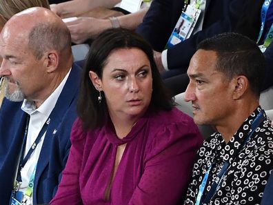Comedian Celeste Barber and husband Api Robin seen in crowd during the women's singles final between Sofia Kenin of the USA and Garbine Muguruza of Spain on day 13 of the Australian Open tennis tournament at Rod Laver Arena in Melbourne, Saturday, February 1, 2020. 
