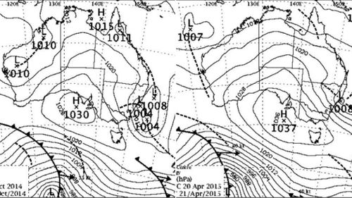 A comparison between the low pressure systems that caused the October storms in Sydney last year, and the system that has seen coastal NSW lashed with wind and rain today. (Supplied)