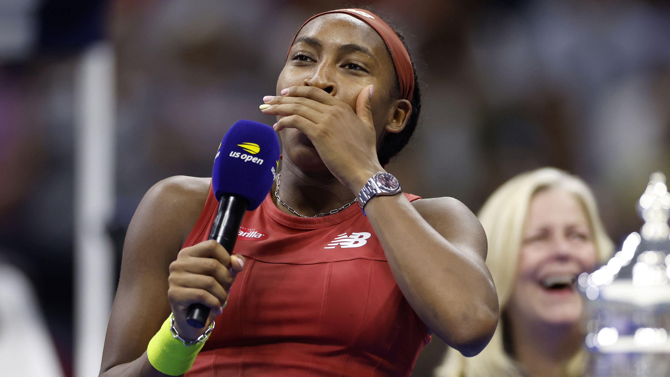 Coco Gauff of the United States is interviewed after defeating Aryna Sabalenka of Belarus in their Women&#x27;s Singles Final match on Day Thirteen of the 2023 US Open at the USTA Billie Jean King National Tennis Center on September 09, 2023 in the Flushing neighborhood of the Queens borough of New York City. (Photo by Sarah Stier/Getty Images)