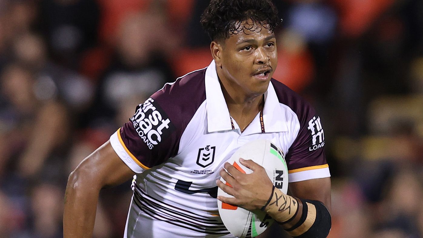 Selwyn Cobbo of the Broncos runs the ball during the round three NRL match between Penrith Panthers and Brisbane Broncos at BlueBet Stadium on March 21, 2024 in Penrith, Australia. (Photo by Jason McCawley/Getty Images)