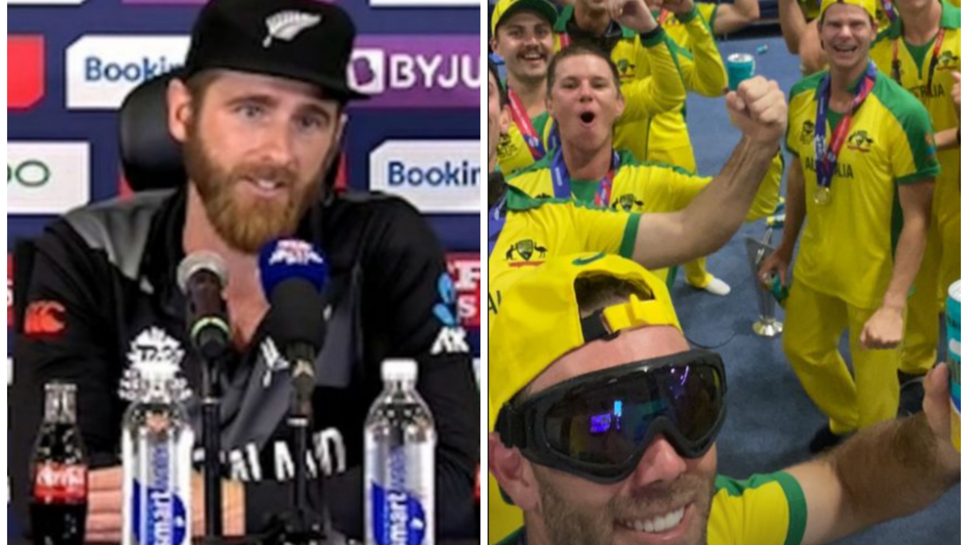 New Zealand captain Kane Williamson tries to speak as Australia celebrates next door.