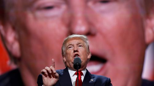 Donald Trump speaks during the final day of the Republican National Convention in Cleveland, in 2016.