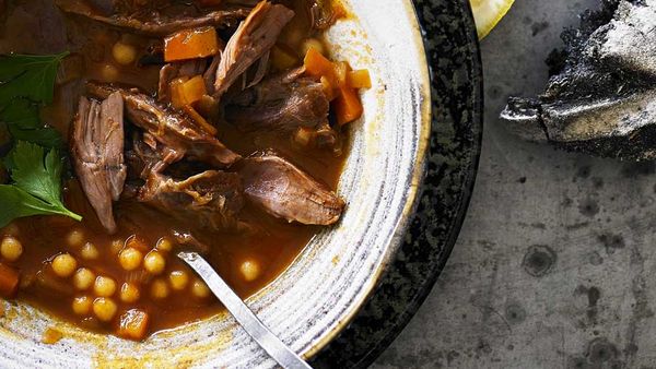 Cinnamon spiced lamb shank soup with pearl couscous recipe