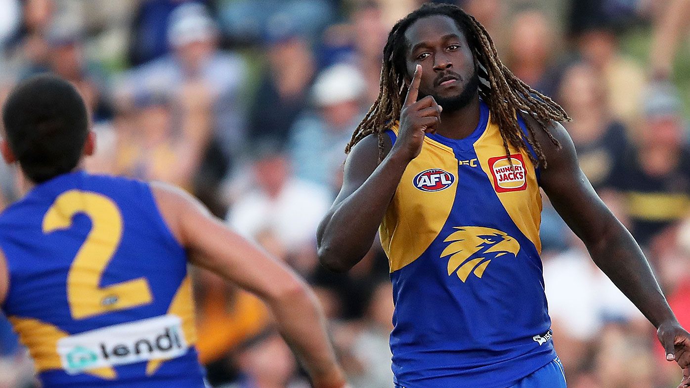 Nic Naitanui celebrates kicking a goal during the AFL Marsh Community Series pre-season match between the West Coast Eagles and the Fremantle 