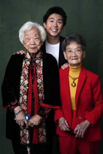 Yi Yan Fuei, from left, Sean Wang, and Zhang Li Hua pose for a portrait during the 96th Academy Awards Oscar nominees luncheon on Monday, Feb. 12, 2024, at the Beverly Hilton Hotel in Beverly Hills, Calif. (AP Photo/Chris Pizzello)