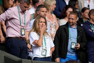 Kim Murray, the wife of Britain's Andy Murray, takes her place in the stands before a first-round men's singles match on day one of the Wimbledon tennis championships in London, Monday, June 27, 2022. 