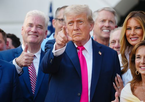 US President Donald Trump during a signing ceremony for the One Big Beautiful Bill Act on the South Lawn of the White House in Washington, DC, US, on Friday, July 4, 2025. Trump signed his $3.4 trillion budget bill into law Friday, enshrining an extension of tax cuts, temporary new breaks for tipped workers and funding to crack down on illegal immigration. Photographer: Bonnie Cash/UPI/Bloomberg