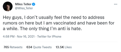 Miles Teller confirms he is vaccinated in Twitter post