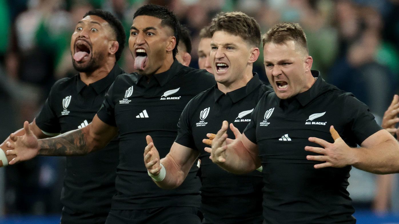 Ardie Savea, Rieko Ioane, Beauden Barrett, Sam Cane of New Zealand perform the haka prior to the Rugby World Cup France 2023 Quarter Final match between Ireland and New Zealand