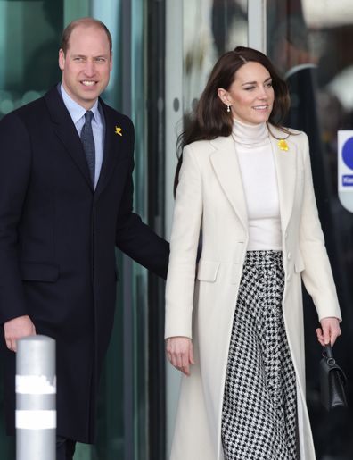 Prince William, Prince of Wales and Catherine, Princess of Wales smile as they depart Aberavon Leisure & Fitness Centre during their visit to Wales on February 28, 2023 in Port Talbot, Wales.