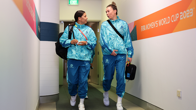 Sam Kerr and Mackenzie Arnold of Australia arrive at the Stadium Australia prior to the FIFA Women's World Cup Australia & New Zealand 2023 semi final match between Australia and England.