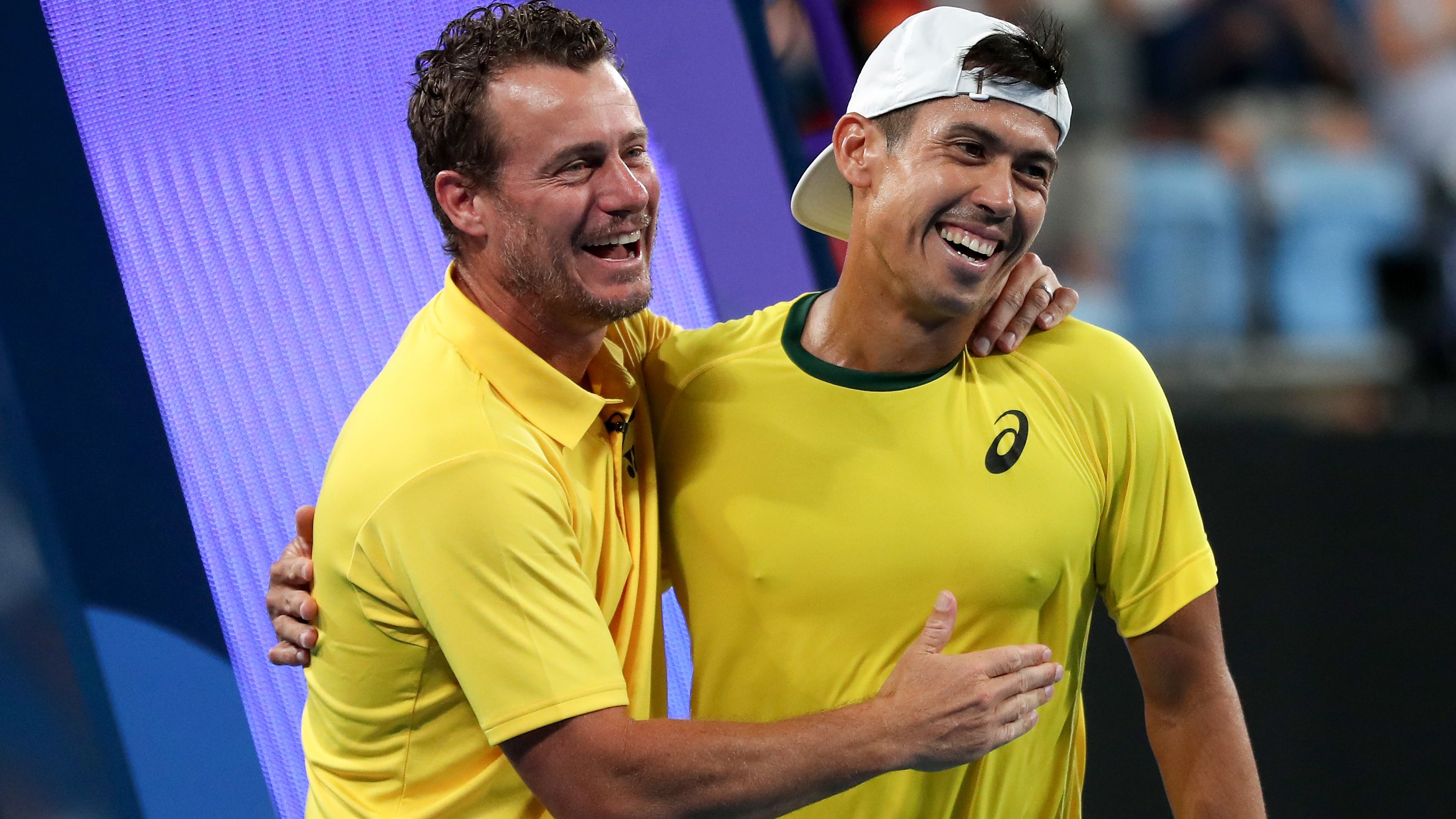 SYDNEY, AUSTRALIA - JANUARY 03: Jason Kubler of Australia celebrates match point with Australian team captain, Lleyton Hewitt following his group D match against Albert Ramos-Vinolas of Spain during day six of the 2023 United Cup at Ken Rosewall Arena on January 03, 2023 in Sydney, Australia. (Photo by Brendon Thorne/Getty Images)