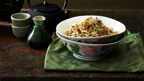 Cantonese fried rice with chicken, salted fish and bean sprouts