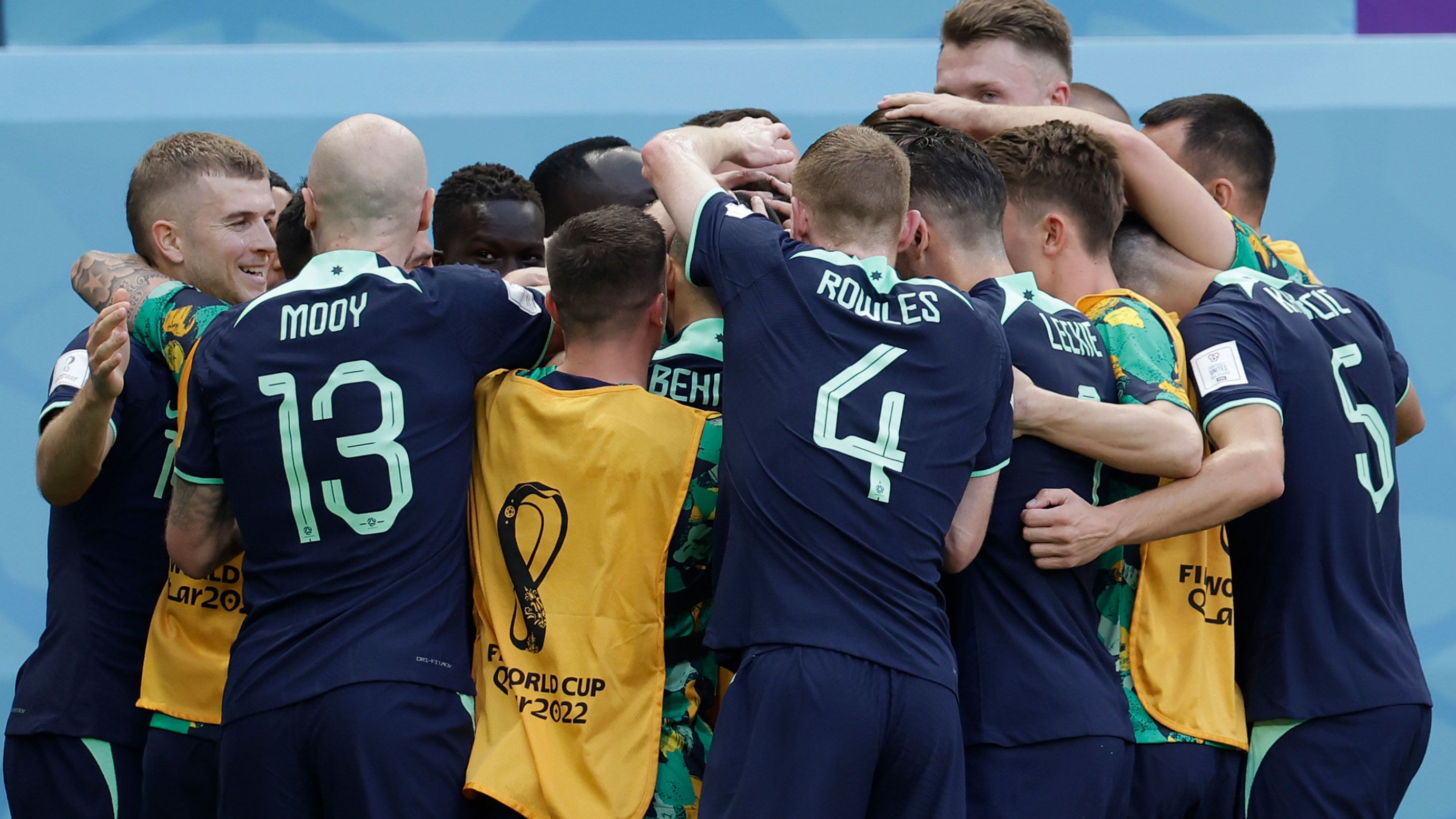 Mitchell Duke of Australia celebrates his goal with teammates in the Socceroos&#x27; FIFA World Cup win over Tunisia.