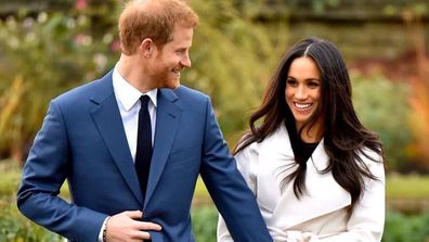 Prince Harry and Meghan Markle engagement announcement photocall in Kensington Palace gardens November 2017. Also shot used for step down announcement