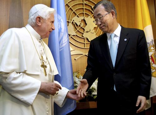 Pope Benedict XVI is greeted by United Nations Secretary General Ban Ki-moon at the U.N. headquarters on April 18, 2008, during a visit to New York. 