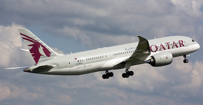 A Qatar Airways plane flying through the sky