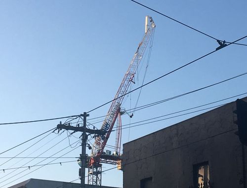 There are fears this crane, bent backwards, could collapse after being damaged in the severe winds. Picture: Lauren Tomasi