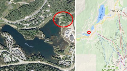 Alpha Lake Park, marked in red, is 5km south-west of Whistler. (Google Maps)
