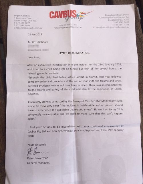 The letter of termination from Logan Coaches to Mr Belsham. (Supplied)