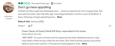 Tripadvisor negative review Coast Cafe