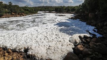 Foam flows over the surface of the Tiete River in Salto, Sao Paulo state, Brazil, Wednesday, Oct. 13, 2021. 
