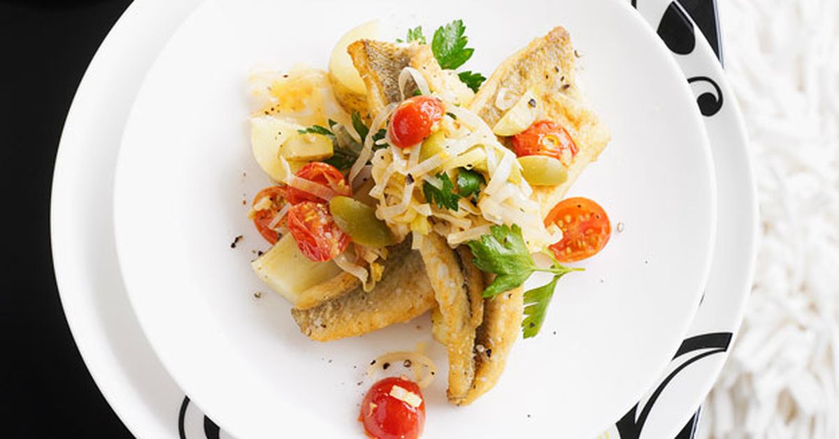 Pan-fried whiting with leek, tomato and olive salsa - 9Kitchen