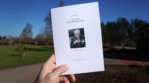 (No reuse after 11.59pm on March 6th 2021 without written consent from gemma@captaintom.org.) The Order of Service for the funeral of Captain Sir Tom Moore at Bedford Crematorium on February 27, 2021 in Bedford, England