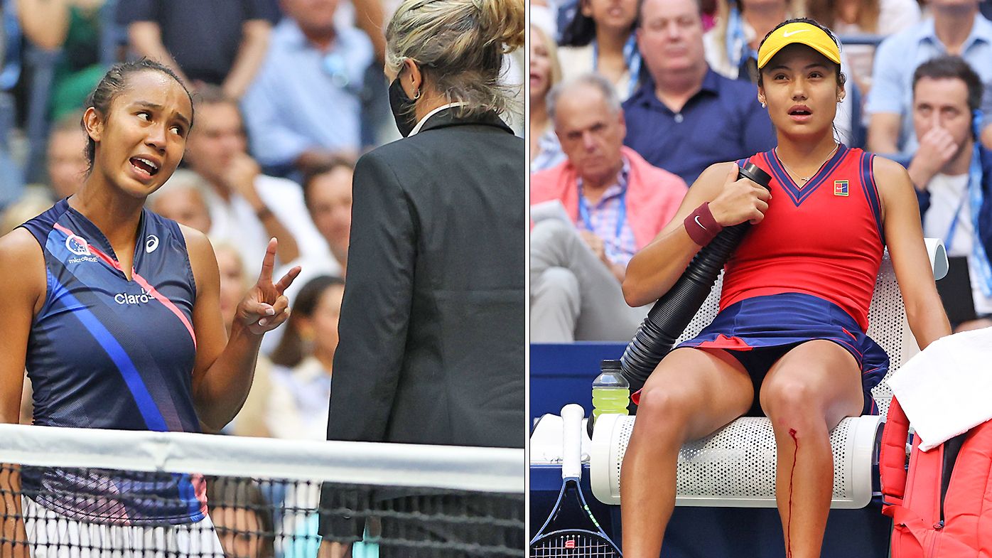  Leylah Fernandez of Canada reacts as Emma Raducanu of Great Britain takes an injury timeout 