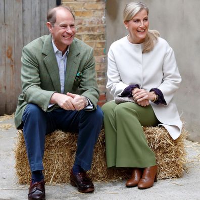 Prince Edward, Earl of Wessex and Sophie, Countess of Wessex sit on a hay bale during a visit to Vauxhall City Farm on October 1, 2020 in London, England. Their Royal Highnesses visit is to see the farm's community engagement and education programmes in action, as the farm marks the start of Black History Month